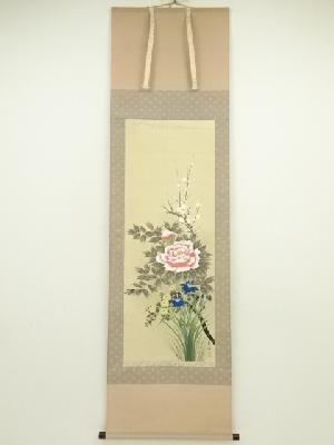 青浦筆　四季花　肉筆絹本掛軸